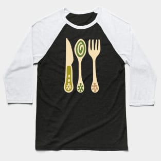 CUTLERY Retro Vintage Kitchen Utensils Knife Spoon Fork in Olive Brown and Green - UnBlink Studio by Jackie Tahara Baseball T-Shirt